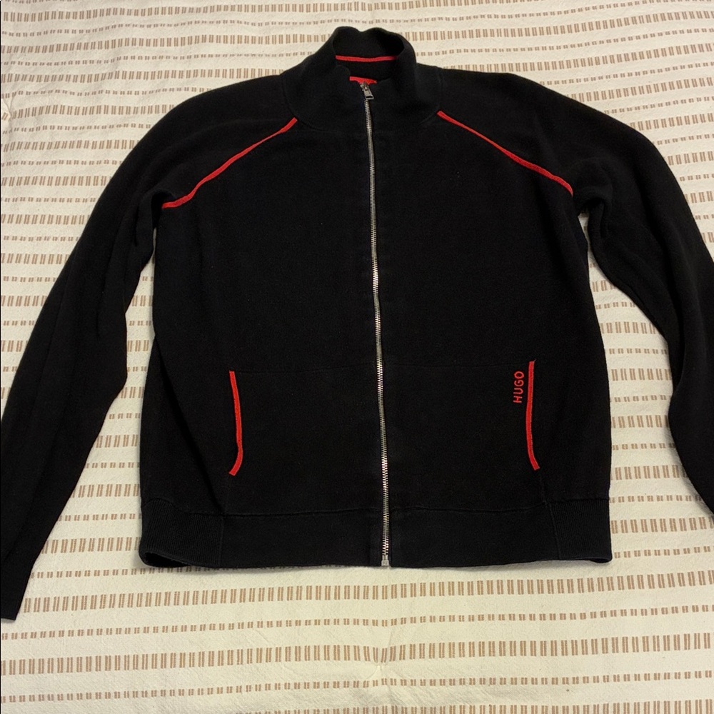 HUGO Black Knit Zip Up Sweater with Red Accents